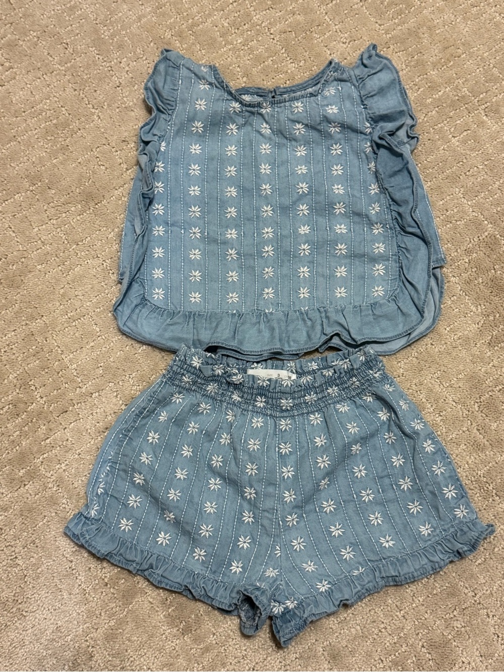 Zara Toddler Girl Chambray Blue Denim Floral Embroiderd Floral Shorts Set 2T